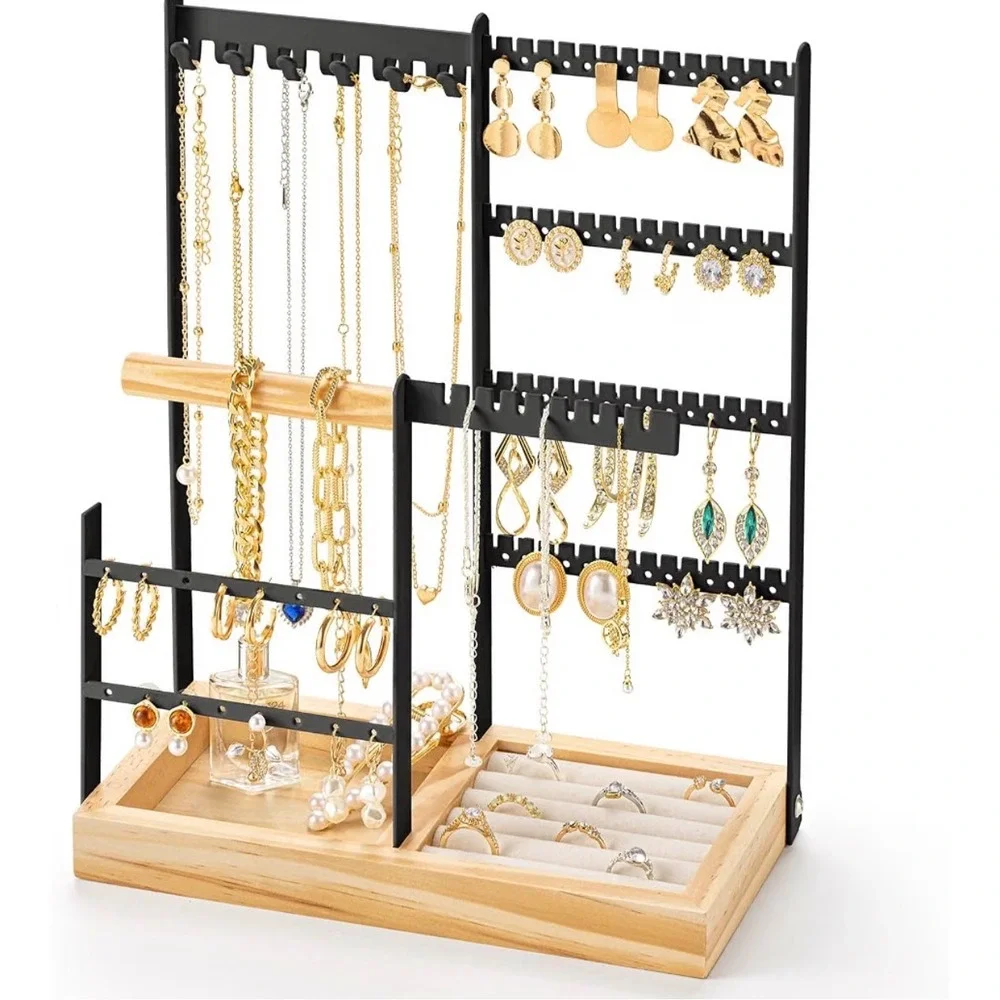 Jewelry Organizer Stand Metal Earring Holder Necklace Rack with Wood Tray Base